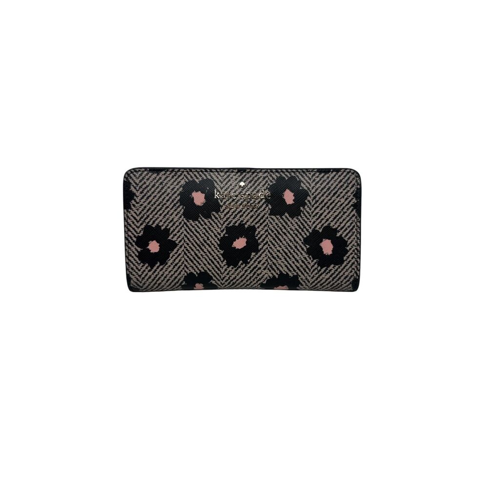 Kate Spade Staci Large Slim Bifold Wallet Herringbone floral black pink